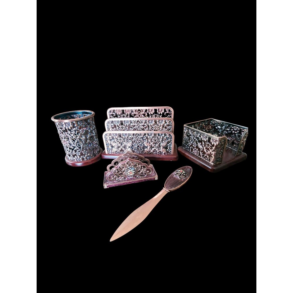 Vintage Bronze Tone Metal Filigree Desk Organizer Set Wood Base 5 Pc